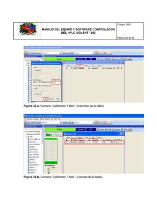 MANEJO DEL EQUIPO Y SOFTWARE CONTROLADOR
DEL HPLC AGILENT 1200
Código: 0001
Página 29 de 55
Figura 36-a. Ventana “Calibration Table”. (Inserción de la tabla)
Figura 36-b. Ventana “Calibration Table”. (Llenado de la tabla)
 