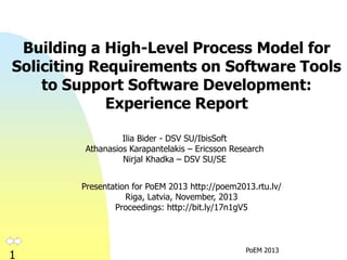 Building a High-Level Process Model for
Soliciting Requirements on Software Tools
to Support Software Development:
Experience Report
Ilia Bider - DSV SU/IbisSoft
Athanasios Karapantelakis – Ericsson Research
Nirjal Khadka – DSV SU/SE
Presentation for PoEM 2013 http://poem2013.rtu.lv/
Riga, Latvia, November, 2013
Proceedings: http://bit.ly/17n1gV5

1

PoEM 2013

 