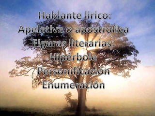  Hablante lirico:Apelativa o apostroficaFiguras literarias:HipérbolePersonificaciónEnumeración