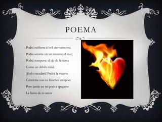 POEMA

Podrá nublarse el sol eternamente;
Podrá secarse en un instante el mar;
Podrá romperse el eje de la tierra
Como un débil cristal.
¡Todo sucederá! Podrá la muerte
Cubrirme con su fúnebre crespón;
Pero jamás en mí podrá apagarse
La llama de tu amor
 