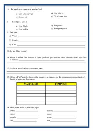 8. De acorde com o poema, o Menino Azul:
a) Sabe ler e escrever
b) Só sabe ler
c) Não sabe ler
d) Só sabe desenhar
2. Esse tipo de texto é:
a) Uma fábula
b) Uma notícia
c) Um poema
d) Uma propaganda
9. Descreva:
a) Verso _________________________________________________________________________
b) Estrofe ________________________________________________________________________
c) Rima _________________________________________________________________________
____________________________________________________________________________________
10. Do que fala o poema? ______________________________________________________________
____________________________________________________________________________________
11. Releia o poema com atenção e copie palavras que revelam como o menino queria que fosse
o burrinho.______________________________________________________________________
____________________________________________________________________________________
____________________________________________________________________________________
12. Retire os pares de rimas presentes no texto.
_____________________________________________________________________________________
_____________________________________________________________________________________
13. Releia a 2ª e 3ª estrofes. Em seguida transcreva as palavras que dão nomes aos seres (substantivos).
Depois as separe em dois grupos:
MASCULINO FEMININO
14. Passe para o plural as palavras a seguir
jardim ________________________
manso ________________________
burrinho ______________________
azul _________________________
número _________________________
nome __________________________
tenha __________________________
um ___________________________
 