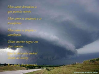 Meu amor desordena o que parecia correto Meu amor se condensa e se transforma Meu amor se projeta e amedronta Como nuvens negras em dias comuns Que te deixarão imóvel diante da beleza  E o medo desaparecerá.. 