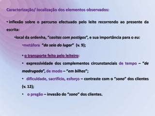 Caracterização da figura feminina - “companheira”   Magra, elegante, burguesa, usa óculos – “o teu costume de percale”; “E fina, de luneta!” – é um retrato que compõe um tipo de personagem urbana.Medrosa, insegura – vv. 1, 2, 17, 19, 20 – a situação em que se encontra provoca nela uma reacção de pessoa com medo, traço que é reiterado no poema e acentuado pelo facto de se encontrar fora do seu meio, num ambiente que não domina.  hipérbole “Mais morta do que viva” (v. 1);