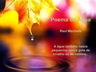 Poema da Água Raul Machado A água também nasce pequenina nasce gota de orvalho ou de neblina... 