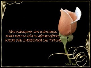 Nem o desespero, nem a descrença,  muito menos o ódio ou alguma ofensa,  NADA ME IMPEDIRÁ DE VIVER. 
