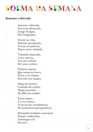 12
Semente cultivada
Semente cultivada,
Em terra adoentada,
Longe de água,
Seio longínquo;
Crente na vida,
Semente germinaste,
Tornas-te pinheiro,
Nunca antes sonhado,
Tamanha dimensão,
A luz cativou,
Era ela a estrela
Do nosso senhor;
Pinheiro manso,
Que tornas-te bravo,
Foste a via infante,
Dos três reis magos;
Mapa do menino,
Caminho do senhor,
Mapa ancestral,
Do filho do criador;
Entre ramos,
E o teu tronco,
A luz da lua, encaminhava,
Os incansáveis perseguidores;
Demandas tradições ancestrais,
Sempre conhecidas,
Comungas a fé,
Em nós…
 