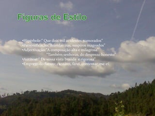 •Hipérbole:” Que dois mil acidentes namorados”
•Personificação:”Brandas iras, suspiros magoados”
•Adjectivação:”A composição alta e milagrosa”
“Também senhoras, do desprezo honesto”
•Antítese:” De vossa vista branda e rigorosa”
•Emprego do futuro: cantarei, farei, contentar-me-ei.
 
