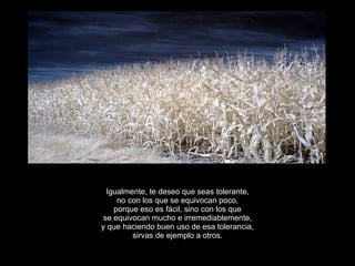 Igualmente, te deseo que seas tolerante, no con los que se equivocan poco, porque eso es fácil, sino con los que se equivocan mucho e irremediablemente, y que haciendo buen uso de esa tolerancia, sirvas de ejemplo a otros. 