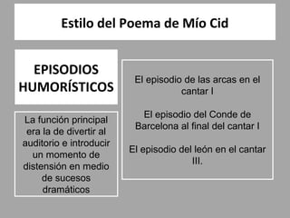Estilo del Poema de Mío Cid


  EPISODIOS
                          El episodio de las arcas en el
HUMORÍSTICOS                         cantar I

                           El episodio del Conde de
La función principal
                          Barcelona al final del cantar I
 era la de divertir al
auditorio e introducir
                         El episodio del león en el cantar
  un momento de
                                        III.
distensión en medio
     de sucesos
     dramáticos
 