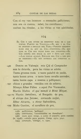 254 CANTAR DE LAS BODAS
Con el rey van leoneses e mesnadas gallizianas,
non son en cuenta, sabet, las castellanas;
sueltan las riendas, a las vistas se van adeliñadas.
El Cid y los suyos se disponen para ir a las
vistas. Parten de Valencia.—El rey y el Cid
se avistan a orillas del Tajo.—Perdón solemne
dado por el rey al Cid.—Convites.—El rey
pide al Cid sus hijas para los infantes.—El
Cid confía sus hijas al rey y éste las casa.
—Las vistas acaban. Regalos del Cid a los que
se despiden.—El rey entrega los infantes al
Cid.
1985 Dentro en Valenqia mió £id el Campeador
non lo detarda, pora las vistas se adobó.
Tanta gruessa muía e tanto palafré de sazón,
tanta buena arma e tanto buen cavallo corredor,
tanta buena capa e mantos e pelliqones;
1990 chicos e grandes vestidos son de colores.
Minaya Álbar Fáñez e aquel Per Vermudo^r.
Martín Muñoz el que mandó á Mont Mayor,
1992 be Martín Antolínez, el Burgalés de pro,
el obispo don Jerome, coranado mejor,
Álbar Alvaroz, e Alvar Sa/vadórez,
«995 Muño Gustioz, el cavallero de pro,
1982 gallizianas, 'gallegas'.
1984 adeliñadas, 'encaminadas en derechura'.
1987 muía para carga, o como el palafré, para camino
(v. 1548); caballo para guerra. Comp. 2572, 3242.
1993 coranado, 'clérigo', v. 1501.
 