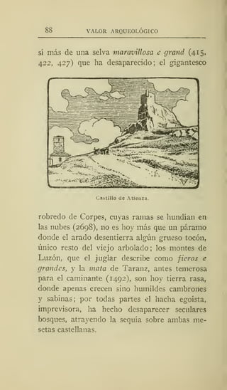 VALOR ARQUEOLÓGICO
sí más de una selva maravillosa e grana (415»
422, 427) que ha desaparecido; el gigantesco
Castillo de Atienza.
robredo de Corpes, cuyas ramas se hundían en
las nubes (2698), no es hoy más que un páramo
donde el arado desentierra algún grueso tocón,
único resto del viejo arbolado ; los montes de
Luzón, que el juglar describe como fieros e
grandes, y la mata de Taranz, antes temerosa
para el caminante (1492), son hoy tierra rasa,
donde apenas crecen sino humildes cambrones
y sabinas; por todas partes el hacha egoísta,
imprevisora, ha hecho desaparecer seculares
bosques, atrayendo la sequía sobre ambas me-
setas castellanas.
 
