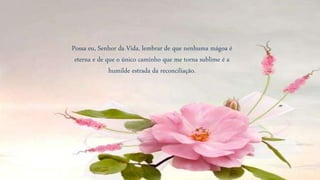Possa eu, Senhor da Vida, lembrar de que nenhuma mágoa é
eterna e de que o único caminho que me torna sublime é a
humilde estrada da reconciliação.
 