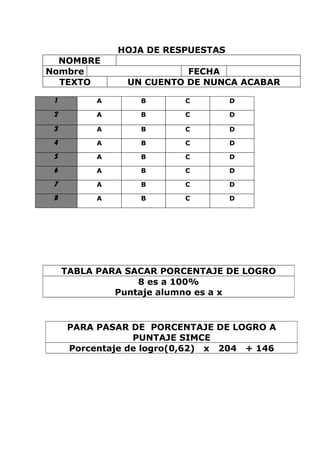 HOJA DE RESPUESTAS
  NOMBRE
Nombre                    FECHA
  TEXTO         UN CUENTO DE NUNCA ACABAR

 1        A       B      C         D

 2        A       B      C         D

 3        A       B      C         D

 4        A       B      C         D

 5        A       B      C         D

 6        A       B      C         D

 7        A       B      C         D

 8        A       B      C         D




     TABLA PARA SACAR PORCENTAJE DE LOGRO
                  8 es a 100%
              Puntaje alumno es a x



     PARA PASAR DE PORCENTAJE DE LOGRO A
                 PUNTAJE SIMCE
     Porcentaje de logro(0,62) x 204 + 146
 