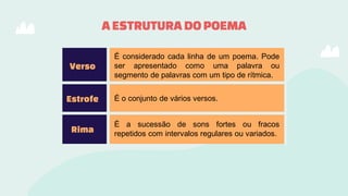 AESTRUTURA DOPOEMA
Verso
É considerado cada linha de um poema. Pode
ser apresentado como uma palavra ou
segmento de palavras com um tipo de rítmica.
Estrofe É o conjunto de vários versos.
Rima
É a sucessão de sons fortes ou fracos
repetidos com intervalos regulares ou variados.
 