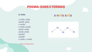 A onda
a onda anda
aonde anda
a onda?
a onda ainda
ainda onda
ainda anda
aonde?
aonde?
a onda a onda
- Manuel Bandeira
POEMA:SONSE FORMAS
a onda anda
 