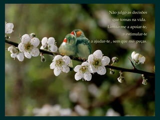 Não julgo as decisõesNão julgo as decisões
que tomas na vida.que tomas na vida.
Limito-me a apoiar-te,Limito-me a apoiar-te,
a estimular-tea estimular-te
e a ajudar-te , sem que mo peças.e a ajudar-te , sem que mo peças.
 