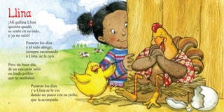 22 23
¡Mi gallina Llina
quietita quedó,
se sentó en su nido,
y ya no salió!
Pasaron los días
y el nido abrigó,
siempre cacareando
a Llina, se le oyó.
Pero un buen día,
de un cascarón salió
un lindo pollito
que se tambaleó.
Pasaron los días
y a Llina se le vio
dando un paseo con su pollo,
que la acompañó.
 