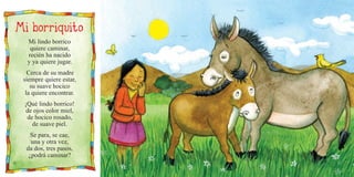 26 27
Mi lindo borrico
quiere caminar,
recién ha nacido
y ya quiere jugar.
Cerca de su madre
siempre quiere estar,
su suave hocico
la quiere encontrar.
¡Qué lindo borrico!
de ojos color miel,
de hocico rosado,
de suave piel.
Se para, se cae,
una y otra vez,
da dos, tres pasos,
¿podrá caminar?
 