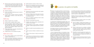 66 67
zz Observar como el viento mueve las hojas de los árbo-
les, hace caer las flores, mueve las ramas. Si el viento
es fuerte observar cómo suenan algunos vidrios de las
ventanas o cómo se abren las puertas con su fuerza.
POEMA: La tejedora
zz Entretejer serpentinas.
zz Invitar a una madre de familia para que les muestre a
los niños cómo se teje.
zz Conversar sobre las arañas, qué hacen, qué peligros
pueden traernos, comentar si vieron cómo tejen sus
telas de araña.
POEMA: Llina
zz Dibujar a la gallina Llina y sus pollitos.
zz Inventar cuentos con gallinas, gallos y pollitos.
zz Sacar fotos a gallinas y elaborar un álbum con sus res-
pectivas descripciones. Puede ser un trabajo compar-
tido entre niños, niñas, docente y padres de familia.
Luego, una vez terminado el álbum, colocarlo como
parte de la biblioteca.
zz Preparar algún queque u otro postre, utilizando huevos
y comentando su valor nutritivo.
zz Trabajar mosaicos con los animales de la granja.
POEMA: Abre tu ventana
zz Abrir ventanas, limpiarlas, observar desde diferentes
ventanas y comentar qué se ve.
zz Pedirle a los niños que vean desde las ventanas de sus
casas. Al día siguiente, pueden dialogar con sus com-
pañeros sobre lo que han visto a través de ellas.
zz Entonar canciones a la lluvia, al viento, a la luna.
zz Observar en la comunidad los tipos de ventanas que
tienen las casas y las construcciones aledañas. Dibujar
y pintar las ventanas. Comentar sus trabajos.
POEMAS CORTOS
zz Disfrutar de la lectura de estas poesías cortas, repitién-
dolas en diversos momentos.
zz Incentivar el diálogo entre los niños sobre lo que sien-
ten cuando escuchan poesías, e inducirlos a comentar
su contenido del poema.
zz Buscar en la biblioteca información sobre los temas
que tienen las poesías cortas.
zz Describir a los personajes de las poesías.
zz Compartir otras lecturas (cuentos, narraciones) rela-
cionadas a la poesía elegida.
zz Organizar álbumes con fotos, postales, o ilustraciones
recortadas, creando en grupo textos breves y pertinen-
tes.
zz Mostrar a los padres las poesías aprendidas por sus ni-
ños.
zz Entonar canciones referidas al contenido de las poe-
sías.
zz Utilizar las letras móviles y formar los títulos de las
poesías.
zz Copiar poesías, que la docente presente en un papeló-
grafo, los niños pueden utilizar sus propios códigos o
hacer rasgos imitando las letras.
2.5	La poesía y los padres de familia
Los poemas que propone la docente tienen la finalidad de
llevar a los padres de familia a momentos de reflexión sobre
la vida de los niños y niñas, pudiendo ser una forma intere-
sante de conocerlos y comprenderlos más.
Tenemos que tener en cuenta que el ambiente y el lugar
elegido para realizar la lectura influyen en el momento de
compartir poesía.
Algunas actividades que podemos realizar con los padres
para motivar la lectura de poesía son:
zz Jugar con palabras, creando poemas dedicados a sus
hijos. Esas producciones podrían ser parte de la biblio-
teca de aula para el trabajo compartido entre docente
y niños.
zz Elegir un poema que por su contenido nos permita
acercarnos a la vida de los niños y niñas, invitándolos
a analizar, reflexionar y aportar ideas que los lleven a
conocer más a sus hijos e hijas.
zz Desarrollar un proyecto grupal para recuperar la tra-
dición oral o el acervo literario de la comunidad o la
zona, relacionada con los intereses de los niños o de
los padres de familia.
zz Organizar momentos de lectura de poemas en el aula,
integrando la participación de niños, niñas y padres de
familia.
El trabajo con los padres de familia en el Nivel de Educa-
ción Inicial, es indispensable, pues un trabajo en conjunto
y compartido es uno de los requisitos para alcanzar mejores
resultados. El ambiente familiar influye poderosamente en
la adquisición de hábitos y entre ellos, el de la lectura. Si
los niños ven a sus padres leer y disfrutar con la lectura,
entonces ellos los irán imitando y poco a poco se convertirá
en un hábito cotidiano. Más aún, si la institución educativa
incentiva y complementa estas actividades se verán logros
definitivos sobre los hábitos lectores en los niños.
La comunicación es fundamental entre padres e hijos, es un
puente que une, es un medio indispensable para llegar a ser
parte de una familia y una comunidad. Así, la poesía con un
lenguaje claro, sencillo, cercano, puede llegar a los padres
y a los niños; estableciendo o fortaleciendo relaciones, pro-
moviendo la necesidad de comunicación y de afecto.
Para trabajar las poesías con los padres de familia, tenemos
que considerar algunos aspectos que condicionan los en-
cuentros y los hacen exitosos:
- Conocer la lengua que hablan, si es el quechua o el caste-
llano o son ambas. Este es un aspecto importante que facili-
ta o dificulta la comunicación, la docente tiene que saber el
idioma que los padres utilizan. Si por ejemplo, son quechua
hablantes las reuniones con ellos tendrán que realizarse,
de preferencia, en lengua quechua. Asimismo, la docente
tendrá que traducir algunos soportes o mensajes escritos en
castellano, que puedan ser útiles y de interés de los padres,
así como adecuar el lenguaje de los poemas.
 