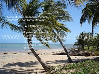 Aluno:Muriel Fernandes Pacheco Série:5ºAno “A” Turno:Matutino     A PAISAGEN     A paisagem é florida   é toda colorida.   Não sei para onde vai   não sei para onde vem   só sei que quero ir   também. 