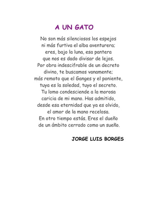 A UN GATO
  No son más silenciosos los espejos
   ni más furtiva el alba aventurera;
     eres, bajo la luna, esa pantera
    que nos es dado divisar de lejos.
 Por obra indescifrable de un decreto
    divino, te buscamos vanamente;
más remoto que el Ganges y el poniente,
  tuya es la soledad, tuyo el secreto.
   Tu lomo condesciende a la morosa
   caricia de mi mano. Has admitido,
 desde esa eternidad que ya es olvido,
      el amor de la mano recelosa.
  En otro tiempo estás. Eres el dueño
 de un ámbito cerrado como un sueño.

                JORGE LUIS BORGES
 