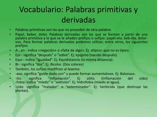 Vocabulario: Palabras primitivas y
derivadas
•
•

•
•
•
•
•
•
•
•

Palabras primitivas son las que no proceden de otra palabra:
Papel, beber, dolor. Palabras derivadas son las que se forman a partir de una
palabra primitiva a la que se le añaden prefijos o sufijos: papel-eta, beb-ida, doloroso. Para formar palabras derivadas podemos utilizar, entre otros, los siguientes
prefijos:
A-, an-: indica «negación» o «falta de algo». Ej: atípico: que no es típico.
Epi-: significa “después” o “sobre”. Ej: epígono (nacido después).
Equi-: indica “igualdad”. Ej: Equidistancia (la misma distancia).
Bi-: significa “dos”. Ej: Bicolor. (Dos colores)
También, los sufijos modifican al lexema:
-azo: significa “golde dado con” y puede formar aumentativos. Ej: Balonazo.
-itis:
significa
“inflamación”.
Ej
otitis
(Inflamación
del
oído)
-fobia: indica “miedo” o “aversión”. Ej: hidrofobia (miedo al agua).
-cida: significa “matador” o “exterminador”. Ej: herbicida (que destruye las
plantas).

 