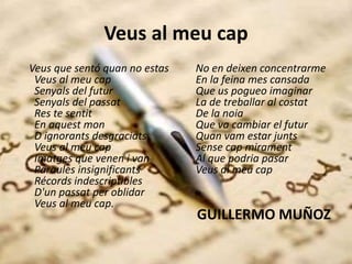 Veus al meu cap
Veus que sentó quan no estas
Veus al meu cap
Senyals del futur
Senyals del passat
Res te sentit
En aquest mon
D ignorants desgraciats
Veus al meu cap
Imatges que venen i van
Paraules insignificants
Récords indescriptibles
D'un passat per oblidar
Veus al meu cap.
No en deixen concentrarme
En la feina mes cansada
Que us pogueo imaginar
La de treballar al costat
De la noia
Que va cambiar el futur
Quan vam estar junts
Sense cap mirament
Al que podria pasar
Veus al meu cap
GUILLERMO MUÑOZ
 