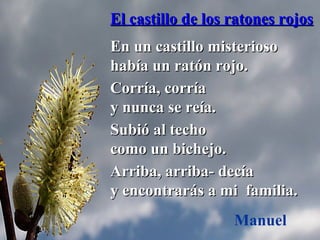 El castillo de los ratones rojosEl castillo de los ratones rojos
En un castillo misteriosoEn un castillo misterioso
había un ratón rojo.había un ratón rojo.
Corría, corríaCorría, corría
y nunca se reía.y nunca se reía.
Subió al techoSubió al techo
como un bichejo.como un bichejo.
Arriba, arriba- decíaArriba, arriba- decía
y encontrarás a mi familia.y encontrarás a mi familia.
Manuel
 