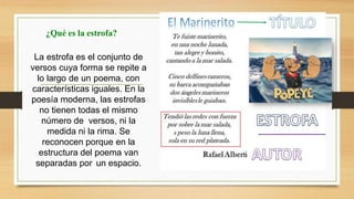 ¿Qué es la estrofa?
La estrofa es el conjunto de
versos cuya forma se repite a
lo largo de un poema, con
características iguales. En la
poesía moderna, las estrofas
no tienen todas el mismo
número de versos, ni la
medida ni la rima. Se
reconocen porque en la
estructura del poema van
separadas por un espacio.
 
