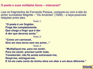 O poeta e suas múltiplas faces – máscaras? Leia os fragmentos de Fernando Pessoa, compare-os com a tela do pintor surrealista Magritte – “Os Amantes” (1928) – e teça possíveis relações entre eles. Texto 1:  “ O poeta é um fingidor, Finge tão completamente Que chega a fingir que é dor A dor que deveras sente.” Texto 2: “ Como um carrossel, Giro em meu torno sem me achar...” Texto 3: “ Multipliquei-me, para me sentir, Para me sentir, precisei sentir tudo, Transbordei, não fiz senão extravasar-me, Despi-me, entreguei-me, E há em cada canto da minha alma um altar a um deus diferente.” 