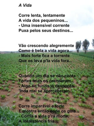 A Vida Corre lenta, lentamente A vida dos pequeninos... - Uma insensível corrente Puxa pelos seus destinos... Vão crescendo alegremente Como é bela a vida agora... - Mais forte fica a torrente  Que os leva p'la vida fora... Quando um dia se dão conta Fortes teias os prenderam... - Algo ao fundo já desponta, 'Inda mal se aperceberam... Corre imparável e forte E mostra então onde os guia... - Corria a vida p'rá morte, A inexistência fria... 
