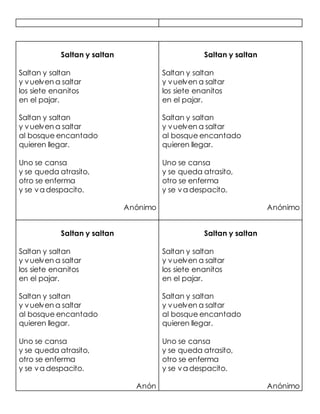 Saltan y saltan
Saltan y saltan
y vuelven a saltar
los siete enanitos
en el pajar.
Saltan y saltan
y vuelven a saltar
al bosque encantado
quieren llegar.
Uno se cansa
y se queda atrasito,
otro se enferma
y se va despacito.
Anónimo
Saltan y saltan
Saltan y saltan
y vuelven a saltar
los siete enanitos
en el pajar.
Saltan y saltan
y vuelven a saltar
al bosque encantado
quieren llegar.
Uno se cansa
y se queda atrasito,
otro se enferma
y se va despacito.
Anónimo
Saltan y saltan
Saltan y saltan
y vuelven a saltar
los siete enanitos
en el pajar.
Saltan y saltan
y vuelven a saltar
al bosque encantado
quieren llegar.
Uno se cansa
y se queda atrasito,
otro se enferma
y se va despacito.
Anón
Saltan y saltan
Saltan y saltan
y vuelven a saltar
los siete enanitos
en el pajar.
Saltan y saltan
y vuelven a saltar
al bosque encantado
quieren llegar.
Uno se cansa
y se queda atrasito,
otro se enferma
y se va despacito.
Anónimo
 