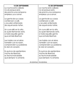 15 DE SEPTIEMBRE
La noche está callada
no sé porque será,
de pronto una campana
empieza ya a sonar.
La gentede sus casas
comienzan a salir,
y acuden al llamado
de aquel sordo tañer.
Un cura allá en lo alto
es quien llamando está,
a toda aquella gente
que anhela libertad.
Les habla con el alma
también con la razón,
comprenden sus palabras
le dan el corazón.
Es quince de septiembre
noche de libertad,
es fecha inolvidable
que siempre tú amarás
Anónimo
15 DE SEPTIEMBRE
La noche está callada
no sé porque será,
de pronto una campana
empieza ya a sonar.
La gentede sus casas
comienzan a salir,
y acuden al llamado
de aquel sordo tañer.
Un cura allá en lo alto
es quien llamando está,
a toda aquella gente
que anhela libertad.
Les habla con el alma
también con la razón,
comprenden sus palabras
le dan el corazón.
Es quince de septiembre
noche de libertad,
es fecha inolvidable
que siempre tú amarás
Anónimo
 