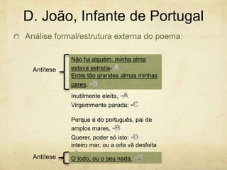 D. João, Infante de Portugal
Análise formal/estrutura externa do poema:
Inutilmente eleita,
Virgemmente parada; -
Porque é do português, pai de
amplos mares,
Querer, poder só isto:
inteiro mar, ou a orla vã desfeita
Não fui alguém. minha alma
estava estreita-
Entre tão grandes almas minhas
pares,
O todo, ou o seu nada.
Antítese
Antítese
 