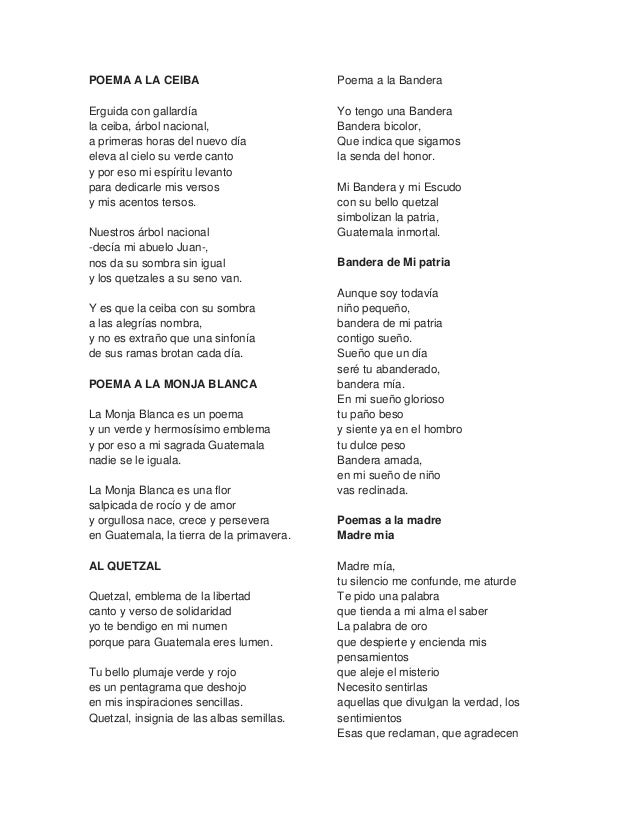 POEMA A LA CEIBAErguida con gallardíala ceiba, árbol nacional,a primeras horas del nuevo díaeleva al cielo su verde cantoy...