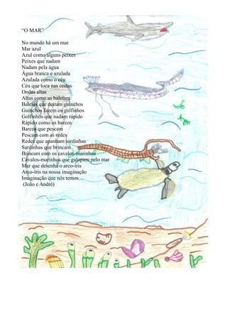 “O MAR”

No mundo há um mar
Mar azul
Azul como alguns peixes
Peixes que nadam
Nadam pela água
Água branca e azulada
Azulada como o céu
Céu que toca nas ondas
Ondas altas
Altas como as baleiam
Baleias que deitam guinchos
Guinchos fazem os golfinhos
Golfinhos que nadam rápido
Rápido como os barcos
Barcos que pescam
Pescam com as redes
Redes que apanham sardinhas
Sardinhas que brincam
Brincam com os cavalos-marinhos
Cavalos-marinhos que galopam pelo mar
Mar que desenha o arco-íris
Arco-íris na nossa imaginação
Imaginação que nós temos…
 (João e André)
 