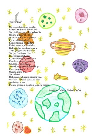 “NO ESPAÇO”

No espaço há muitas estrelas
Estrelas brilhantes como o sol
Sol cintilante que brilha todo o dia
Dia que é igual à noite
Noite escura, noite encantada
Encantada com a lua
Lua que parece uma esfera
Esfera redonda, redondinha
Redondinha, também é a terra
Terra que gira a volta do sol
Sol que ilumina os dias
Dias sem constelaçãos
Constelaçãos que são estrelas
Estrelas amarelas e grandes
Grandes os asteróides
Asteróides que são bolas de fogo
Fogo que queima
Queima como o sol
Sol radioso
Radioso que alimenta os seres vivos
Vivos que habitam o planeta azul
Azul como a paz
Paz que precisa o mundo, a terra e o espaço

                                              (António, Cristina, Mafalda Sofia)
 