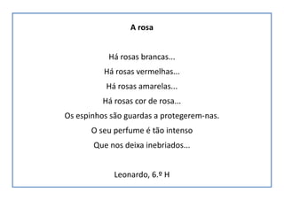 A rosa
Há rosas brancas...
Há rosas vermelhas...
Há rosas amarelas...
Há rosas cor de rosa...
Os espinhos são guardas a protegerem-nas.
O seu perfume é tão intenso
Que nos deixa inebriados...
Leonardo, 6.º H
 