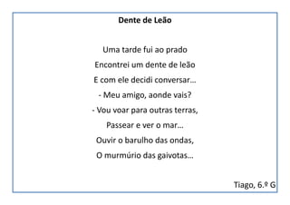 Dente de Leão
Uma tarde fui ao prado
Encontrei um dente de leão
E com ele decidi conversar…
- Meu amigo, aonde vais?
- Vou voar para outras terras,
Passear e ver o mar…
Ouvir o barulho das ondas,
O murmúrio das gaivotas…
Tiago, 6.º G
 