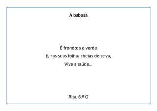 A babosa
É frondosa e verde
E, nas suas folhas cheias de seiva,
Vive a saúde…
Rita, 6.º G
 