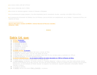 ● La cuenca media y alta del río Rímac.
● La cuenca media-baja del río Chillón.
● Las lomas de cactáceas gigantes costeras en Arequipa y Moquegua.
● Los ecosistemas de yungas peruanos y los sitios importantes para la conservación de aves, conocidas como IBAS (130) en el Perú.
● Ecosistema de la Ensenada de Chérrepe al sur de Chiclayo, justo en el límite con el departamento de La Libertad. 13 especies de Flora y 49
especies de Fauna.
——————————
Algunos datos fueron tomados de INRENA. (Instituto Nacional de Recursos naturales).
(Noviembre 2006).
♦ ♦ ♦ ♦
Sabía Ud. que:
 El Pisco, es peruano.
 El Seviche, es peruano.
 La Chirimoya, es peruana.
 La Granadilla, es peruana.
 La Guanábana, es peruana.
 La Lúcuma, es peruana.
 La Alpaca, es peruana.
 El Caballo de Paso, es peruano.
 El Capibara es el roedor más grande del mundo y oriundo del Perú.
 El Cóndor de nuestros Andes, es el ave más grande del mundo.
 El Cuy raza Perú, es el más grande en su especie. Crece hasta 35 cms. de largo y pesa un promedio de 1.300 grs.
 El Gallito de las Rocas, es el ave nacional en el Perú.
 El «Isothrix barbarabrownae», es una especie endémica de roedor descubierto en 1999 en la Reserva de Manú.
 El Paiche, el pez más grande de agua dulce, es oriundo del Perú.
 La pavita aliblanca, es peruana. Su nombre científico es "Penélope albipennis" y debe su nombre a que tiene nueve grandes plumas
blancas en los extremos de sus alas. Esta ave, de la que sólo existen alrededor de 350 en su hábitat natural, el bosque seco ecuatorial
lambayecano, ha sido declarada de interés nacional. Un programa de conservación especial lo desarrolla el Zoocriadero Bárbara
D'Achille, en Olmos.
 La Vicuña, es peruana.
 El Algodón más fino del mundo (PIMA y TANGÜIS), es peruano.
 