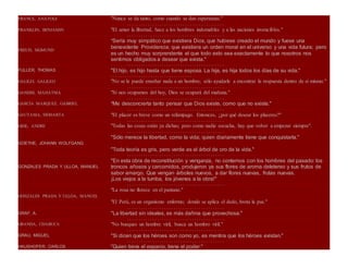FRANCE, ANATOLE "Nunca se da tanto, como cuando se dan esperanzas."
٠٠٠٠٠٠٠٠٠٠٠٠٠٠٠٠٠٠٠٠٠٠٠٠٠٠٠٠٠٠٠٠٠٠٠٠٠٠ ٠٠٠٠٠٠٠٠٠٠٠٠٠٠٠٠٠٠٠٠٠٠٠٠٠٠٠٠٠٠٠٠٠٠٠٠٠٠٠٠٠٠٠٠٠٠٠٠٠٠٠٠٠٠٠٠٠٠٠٠٠٠٠٠٠٠٠٠٠٠٠٠٠٠٠٠٠٠٠٠٠٠٠٠٠٠٠٠٠٠
FRANKLIN, BENJAMIN "El amor la libertad, hace a los hombres indomables y a las naciones invencibles."
٠٠٠٠٠٠٠٠٠٠٠٠٠٠٠٠٠٠٠٠٠٠٠٠٠٠٠٠٠٠٠٠٠٠٠٠٠٠ ٠٠٠٠٠٠٠٠٠٠٠٠٠٠٠٠٠٠٠٠٠٠٠٠٠٠٠٠٠٠٠٠٠٠٠٠٠٠٠٠٠٠٠٠٠٠٠٠٠٠٠٠٠٠٠٠٠٠٠٠٠٠٠٠٠٠٠٠٠٠٠٠٠٠٠٠٠٠٠٠٠٠٠٠٠٠٠٠٠٠
FREUD, SIGMUND
"Sería muy simpático que existiera Dios, que hubiese creado el mundo y fuese una
benevolente Providencia; que existiera un orden moral en el universo y una vida futura; pero
es un hecho muy sorprendente el que todo esto sea exactamente lo que nosotros nos
sentimos obligados a desear que exista."
٠٠٠٠٠٠٠٠٠٠٠٠٠٠٠٠٠٠٠٠٠٠٠٠٠٠٠٠٠٠٠٠٠٠٠٠٠٠ ٠٠٠٠٠٠٠٠٠٠٠٠٠٠٠٠٠٠٠٠٠٠٠٠٠٠٠٠٠٠٠٠٠٠٠٠٠٠٠٠٠٠٠٠٠٠٠٠٠٠٠٠٠٠٠٠٠٠٠٠٠٠٠٠٠٠٠٠٠٠٠٠٠٠٠٠٠٠٠٠٠٠٠٠٠٠٠٠٠٠
FULLER, THOMAS "El hijo, es hijo hasta que tiene esposa. La hija, es hija todos los días de su vida."
٠٠٠٠٠٠٠٠٠٠٠٠٠٠٠٠٠٠٠٠٠٠٠٠٠٠٠٠٠٠٠٠٠٠٠٠٠٠ ٠٠٠٠٠٠٠٠٠٠٠٠٠٠٠٠٠٠٠٠٠٠٠٠٠٠٠٠٠٠٠٠٠٠٠٠٠٠٠٠٠٠٠٠٠٠٠٠٠٠٠٠٠٠٠٠٠٠٠٠٠٠٠٠٠٠٠٠٠
GALILEI, GALILEO "No se le puede enseñar nada a un hombre; sólo ayudarle a encontrar la respuesta dentro de sí mismo."
٠٠٠٠٠٠٠٠٠٠٠٠٠٠٠٠٠٠٠٠٠٠٠٠٠٠٠٠٠٠٠٠٠٠٠٠٠٠ ٠٠٠٠٠٠٠٠٠٠٠٠٠٠٠٠٠٠٠٠٠٠٠٠٠٠٠٠٠٠٠٠٠٠٠٠٠٠٠٠٠٠٠٠٠٠٠٠٠٠٠٠٠٠٠٠٠٠٠٠٠٠٠٠٠٠٠٠٠٠٠٠٠٠٠٠٠٠٠٠٠٠٠٠٠٠٠٠٠٠
GANDHI, MAHATMA "Si nos ocupamos del hoy, Dios se ocupará del mañana."
٠٠٠٠٠٠٠٠٠٠٠٠٠٠٠٠٠٠٠٠٠٠٠٠٠٠٠٠٠٠٠٠٠٠٠٠٠٠ ٠٠٠٠٠٠٠٠٠٠٠٠٠٠٠٠٠٠٠٠٠٠٠٠٠٠٠٠٠٠٠٠٠٠٠٠٠٠٠٠٠٠٠٠٠٠٠٠٠٠٠٠٠٠٠٠٠٠٠٠٠٠٠٠٠٠٠٠٠٠٠٠٠٠٠٠٠٠٠٠٠٠٠٠٠٠٠٠٠٠
GARCIA MARQUEZ, GABRIEL "Me desconcierta tanto pensar que Dios existe, como que no existe."
٠٠٠٠٠٠٠٠٠٠٠٠٠٠٠٠٠٠٠٠٠٠٠٠٠٠٠٠٠٠٠٠٠٠٠٠٠٠ ٠٠٠٠٠٠٠٠٠٠٠٠٠٠٠٠٠٠٠٠٠٠٠٠٠٠٠٠٠٠٠٠٠٠٠٠٠٠٠٠٠٠٠٠٠٠٠٠٠٠٠٠٠٠٠٠٠٠٠٠٠٠٠٠٠٠٠٠٠٠٠٠٠٠٠٠٠٠٠٠٠٠٠٠٠٠٠٠٠٠
GAUTAMA, SIDHARTA "El placer es breve como un relámpago. Entonces, ¿por qué desear los placeres?"
٠٠٠٠٠٠٠٠٠٠٠٠٠٠٠٠٠٠٠٠٠٠٠٠٠٠٠٠٠٠٠٠٠٠٠٠٠٠ ٠٠٠٠٠٠٠٠٠٠٠٠٠٠٠٠٠٠٠٠٠٠٠٠٠٠٠٠٠٠٠٠٠٠٠٠٠٠٠٠٠٠٠٠٠٠٠٠٠٠٠٠٠٠٠٠٠٠٠٠٠٠٠٠٠٠٠٠٠٠٠٠٠٠٠٠٠٠٠٠٠٠٠٠٠٠٠٠٠٠
GIDE, ANDRE "Todas las cosas están ya dichas; pero como nadie escucha, hay que volver a empezar siempre".
٠٠٠٠٠٠٠٠٠٠٠٠٠٠٠٠٠٠٠٠٠٠٠٠٠٠٠٠٠٠٠٠٠٠٠٠٠٠ ٠٠٠٠٠٠٠٠٠٠٠٠٠٠٠٠٠٠٠٠٠٠٠٠٠٠٠٠٠٠٠٠٠٠٠٠٠٠٠٠٠٠٠٠٠٠٠٠٠٠٠٠٠٠٠٠٠٠٠٠٠٠٠٠٠٠٠٠٠٠٠٠٠٠٠٠٠٠٠٠٠٠٠٠٠٠٠٠٠٠
GOETHE, JOHANN WOLFGANG
"Sólo merece la libertad, como la vida; quien diariamente tiene que conquistarla."
"Toda teoría es gris, pero verde es el árbol de oro de la vida."
٠٠٠٠٠٠٠٠٠٠٠٠٠٠٠٠٠٠٠٠٠٠٠٠٠٠٠٠٠٠٠٠٠٠٠٠٠٠ ٠٠٠٠٠٠٠٠٠٠٠٠٠٠٠٠٠٠٠٠٠٠٠٠٠٠٠٠٠٠٠٠٠٠٠٠٠٠٠٠٠٠٠٠٠٠٠٠٠٠٠٠٠٠٠٠٠٠٠٠٠٠٠٠٠٠٠٠٠٠٠٠٠٠٠٠٠٠٠٠٠٠٠٠٠٠٠٠٠٠
GONZALES PRADA Y ULLOA, MANUEL
"En esta obra de reconstitución y venganza, no contemos con los hombres del pasado: los
troncos añosos y carcomidos, produjeron ya sus flores de aroma deletereo y sus frutos de
sabor amargo. Que vengan árboles nuevos, a dar flores nuevas, frutas nuevas.
¡Los viejos a la tumba, los jóvenes a la obra!"
٠٠٠٠٠٠٠٠٠٠٠٠٠٠٠٠٠٠٠٠٠٠٠٠٠٠٠٠٠٠٠٠٠٠٠٠٠٠ ٠٠٠٠٠٠٠٠٠٠٠٠٠٠٠٠٠٠٠٠٠٠٠٠٠٠٠٠٠٠٠٠٠٠٠٠٠٠٠٠٠٠٠٠٠٠٠٠٠٠٠٠٠٠٠٠٠٠٠٠٠٠٠٠٠٠٠٠٠٠٠٠٠٠٠٠٠٠٠٠٠٠٠٠٠٠٠٠٠٠
GONZALES PRADA Y ULLOA, MANUEL
"La rosa no florece en el pantano."
"El Perú, es un organismo enfermo; donde se aplica el dedo, brota la pus."
٠٠٠٠٠٠٠٠٠٠٠٠٠٠٠٠٠٠٠٠٠٠٠٠٠٠٠٠٠٠٠٠٠٠٠٠٠٠ ٠٠٠٠٠٠٠٠٠٠٠٠٠٠٠٠٠٠٠٠٠٠٠٠٠٠٠٠٠٠٠٠٠٠٠٠٠٠٠٠٠٠٠٠٠٠٠٠٠٠٠٠٠٠٠٠٠٠٠٠٠٠٠٠٠٠٠٠٠٠٠٠٠٠٠٠٠٠٠٠٠٠٠٠٠٠٠٠٠٠
GRAF, A. "La libertad sin ideales, es más dañina que provechosa."
٠٠٠٠٠٠٠٠٠٠٠٠٠٠٠٠٠٠٠٠٠٠٠٠٠٠٠٠٠٠٠٠٠٠٠٠٠٠ ٠٠٠٠٠٠٠٠٠٠٠٠٠٠٠٠٠٠٠٠٠٠٠٠٠٠٠٠٠٠٠٠٠٠٠٠٠٠٠٠٠٠٠٠٠٠٠٠٠٠٠٠٠٠٠٠٠٠٠٠٠٠٠٠٠٠٠٠٠٠٠٠٠٠٠٠٠٠٠٠٠٠٠٠٠٠٠٠٠٠
GRANDA, CHABUCA "No busques un hombre viril, busca un hombro viril."
٠٠٠٠٠٠٠٠٠٠٠٠٠٠٠٠٠٠٠٠٠٠٠٠٠٠٠٠٠٠٠٠٠٠٠٠٠٠ ٠٠٠٠٠٠٠٠٠٠٠٠٠٠٠٠٠٠٠٠٠٠٠٠٠٠٠٠٠٠٠٠٠٠٠٠٠٠٠٠٠٠٠٠٠٠٠٠٠٠٠٠٠٠٠٠٠٠٠٠٠٠٠٠٠٠٠٠٠٠٠٠٠٠٠٠٠٠٠٠٠٠٠٠٠٠٠٠٠٠
GRAU, MIGUEL "Si dicen que los héroes son como yo, es mentira que los héroes existan."
٠٠٠٠٠٠٠٠٠٠٠٠٠٠٠٠٠٠٠٠٠٠٠٠٠٠٠٠٠٠٠٠٠٠٠٠٠٠ ٠٠٠٠٠٠٠٠٠٠٠٠٠٠٠٠٠٠٠٠٠٠٠٠٠٠٠٠٠٠٠٠٠٠٠٠٠٠٠٠٠٠٠٠٠٠٠٠٠٠٠٠٠٠٠٠٠٠٠٠٠٠٠٠٠٠٠٠٠٠٠٠٠٠٠٠٠٠٠٠٠٠٠٠٠٠٠٠٠٠
HAUSHOFER, CARLOS "Quien tiene el espacio, tiene el poder."
 