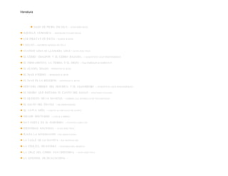 literatura
● ALGO DE PIURA INCAICA - JUAN JOSE VEGA
● AQUELLA COMARCA - ABRAHAM VALDELOMAR.
● LOS PIRATAS EN PAITA - MARIA WIESSE.
● CALLAO - MILDRED MERINO DE ZELA
● CUANDO LIMA SE LLAMABA LIMA - JUAN JOSE VEGA
● EL CERRO CHALPON Y EL CERRO RAJADO... - AUGUSTO D. LEON BARANDIARAN
● EL FIRMAMENTO, LA TIERRA Y EL ERIZO - Fray ENRIQUE ALVAREZ O.P.
● EL GUANO, MAGIA - HERMANN H. BUSE
● EL MAR AVERNO - HERMANN H. BUSE
● EL MAR EN LA RELIGION - HERMANN H. BUSE
● MITO DEL ORIGEN DEL MOCHICA Y EL ALGARROBO - AUGUSTO D. LEON BARANDIARAN
● EL NEGRO QUE IMITABA EL CANTO DEL GALLO - SANTIAGO VALLEJO
● EL QUIXOTE DE LA MANCHA - GABRIELLA LAVARELLO DE VELAOCHAGA
● EL SALTO DEL FRAYLE - RICARDO ROSSEL
● EL TAYTA NIÑO - CARLOTA CARVALLO DE NUÑEZ.
● ESCAPE NOCTURNO - LUIS B. CAMINO
● HAY FIESTA EN EL SUBURBIO - CUENTOS LONCCOS
● IDENTIDAD NACIONAL - JUAN JOSE VEGA
● JUANA LA MARIMACHO - RICARDO PALMA
● LA CALLE DE LA MANITA - RICARDO PALMA
● LA CHOLITA PICANTERA - OLIVARES DEL HUERTO
● LA CRUZ DEL CERRO SAN CRISTOBAL - JUAN JOSE VEGA
● LA LEYENDA DE HUACACHINA -
 