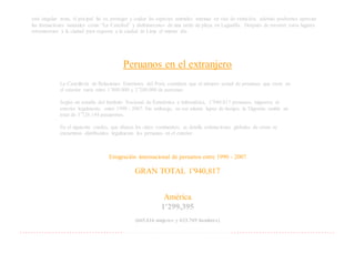 esta singular zona, el pricipal fin es, proteger y cuidar las especies animales marinas en vías de extinción, además podremos apreciar
las formaciones naturales como “La Catedral” y disfrutaremos de una tarde de playa en Lagunilla. Después de recorrer estos lugares
retornaremos a la ciudad para regresar a la ciudad de Lima el mismo día.
Peruanos en el extranjero
La Cancillería de Relaciones Exteriores del Perú, considera que el número actual de peruanos que viven en
el exterior varía entre 1’800.000 y 2’200.000 de personas.
Según un estudio del Instituto Nacional de Estadística e Informática, 1’940.817 peruanos, migraron al
exterior legalmente, entre 1990 - 2007. Sin embargo, en ese mismo lapso de tiempo, la Digemin emitió un
total de 3’726.144 pasaportes.
En el siguiente cuadro, que abarca los cinco continentes; se detalla estimaciones globales de cómo se
encuentran distribuídos legalmente los peruanos en el exterior.
Emigración internacional de peruanos entre 1990 - 2007
GRAN TOTAL 1'940,817
América
1'299,395
(665.616 mujeres y 633.769 hombres)
٠٠٠٠٠٠٠٠٠٠٠٠٠٠٠٠٠٠٠٠٠٠٠٠٠٠٠٠٠٠٠٠٠٠٠٠٠٠٠٠٠٠٠٠٠٠٠٠٠٠٠٠٠٠٠٠٠٠٠٠٠٠٠٠٠٠٠٠٠٠٠٠٠٠٠ ٠٠٠٠٠٠٠٠٠٠٠٠٠٠٠٠٠٠٠٠٠٠٠٠٠٠٠٠٠٠٠٠٠٠٠٠٠
 