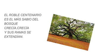 EL ROBLE CENTENARIO
ES EL MÁS SABIO DEL
BOSQUE
CRECÍA,CRECÍA
Y SUS RAMAS SE
EXTENDÍAN.
 