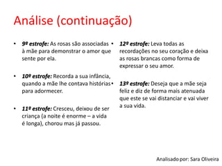 Análise (continuação)
• 9º estrofe: As rosas são associadas
à mãe para demonstrar o amor que
sente por ela.
• 10º estrofe: Recorda a sua infância,
quando a mãe lhe contava histórias
para adormecer.
• 11º estrofe: Cresceu, deixou de ser
criança (a noite é enorme – a vida
é longa), chorou mas já passou.
• 12º estrofe: Leva todas as
recordações no seu coração e deixa
as rosas brancas como forma de
expressar o seu amor.
• 13º estrofe: Deseja que a mãe seja
feliz e diz de forma mais atenuada
que este se vai distanciar e vai viver
a sua vida.
 