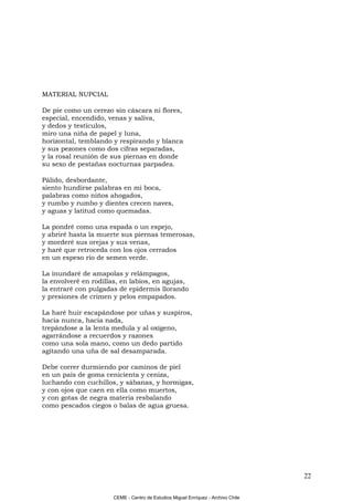 MATERIAL NUPCIAL

De pie como un cerezo sin cáscara ni flores,
especial, encendido, venas y saliva,
y dedos y testículos,
miro una niña de papel y luna,
horizontal, temblando y respirando y blanca
y sus pezones como dos cifras separadas,
y la rosal reunión de sus piernas en donde
su sexo de pestañas nocturnas parpadea.

Pálido, desbordante,
siento hundirse palabras en mi boca,
palabras como niños ahogados,
y rumbo y rumbo y dientes crecen naves,
y aguas y latitud como quemadas.

La pondré como una espada o un espejo,
y abriré hasta la muerte sus piernas temerosas,
y morderé sus orejas y sus venas,
y haré que retroceda con los ojos cerrados
en un espeso río de semen verde.

La inundaré de amapolas y relámpagos,
la envolveré en rodillas, en labios, en agujas,
la entraré con pulgadas de epidermis llorando
y presiones de crimen y pelos empapados.

La haré huir escapándose por uñas y suspiros,
hacia nunca, hacia nada,
trepándose a la lenta medula y al oxígeno,
agarrándose a recuerdos y razones
como una sola mano, como un dedo partido
agitando una uña de sal desamparada.

Debe correr durmiendo por caminos de piel
en un país de goma cenicienta y ceniza,
luchando con cuchillos, y sábanas, y hormigas,
y con ojos que caen en ella como muertos,
y con gotas de negra materia resbalando
como pescados ciegos o balas de agua gruesa.




                                                                                  22

                      CEME - Centro de Estudios Miguel Enríquez - Archivo Chile
 