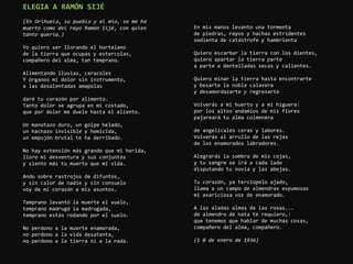 ELEGIA A RAMÓN SIJÉ
(En Orihuela, su pueblo y el mío, se me ha
muerto como del rayo Ramón Sijé, con quien   En mis manos levanto una tormenta
tanto quería.)                               de piedras, rayos y hachas estridentes
                                             sedienta de catástrofe y hambrienta
Yo quiero ser llorando el hortelano
de la tierra que ocupas y estercolas,        Quiero escarbar la tierra con los dientes,
compañero del alma, tan temprano.            quiero apartar la tierra parte
                                             a parte a dentelladas secas y calientes.
Alimentando lluvias, caracoles
Y órganos mi dolor sin instrumento,          Quiero minar la tierra hasta encontrarte
a las desalentadas amapolas                  y besarte la noble calavera
                                             y desamordazarte y regresarte
daré tu corazón por alimento.
Tanto dolor se agrupa en mi costado,         Volverás a mi huerto y a mi higuera:
que por doler me duele hasta el aliento.     por los altos andamios de mis flores
                                             pajareará tu alma colmenera
Un manotazo duro, un golpe helado,
un hachazo invisible y homicida,             de angelicales ceras y labores.
un empujón brutal te ha derribado.           Volverás al arrullo de las rejas
                                             de los enamorados labradores.
No hay extensión más grande que mi herida,
lloro mi desventura y sus conjuntos          Alegrarás la sombra de mis cejas,
y siento más tu muerte que mi vida.          y tu sangre se irá a cada lado
                                             disputando tu novia y las abejas.
Ando sobre rastrojos de difuntos,
y sin calor de nadie y sin consuelo          Tu corazón, ya terciopelo ajado,
voy de mi corazón a mis asuntos.             llama a un campo de almendras espumosas
                                             mi avariciosa voz de enamorado.
Temprano levantó la muerte el vuelo,
temprano madrugó la madrugada,               A las aladas almas de las rosas...
temprano estás rodando por el suelo.         de almendro de nata te requiero,:
                                             que tenemos que hablar de muchas cosas,
No perdono a la muerte enamorada,            compañero del alma, compañero.
no perdono a la vida desatenta,
no perdono a la tierra ni a la nada.         (1 0 de enero de 1936)
 
