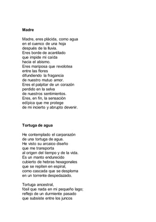 Madre
Madre, eres plácida, como agua
en el cuenco de una hoja
después de la lluvia.
Eres borde de acantilado
que impide mi caída
hacia el abismo.
Eres mariposa que revolotea
entre las flores
difundiendo la fragancia
de nuestro mutuo amor.
Eres el palpitar de un corazón
perdido en la selva
de nuestros sentimientos.
Eres, en fin, la sensación
edípica que me protege
de mi incierto y abrupto devenir.
Tortuga de agua
He contemplado el carparazón
de una tortuga de agua.
He visto su arcaico diseño
que me transporta
al origen del tiempo y de la vida.
Es un manto endurecido
cubierto de hebras hexagonales
que se repiten en espiral,
como cascada que se desploma
en un torrente despedazado.
Tortuga ancestral,
fósil que nada en mi pequeño lago;
reflejo de un durmiente pasado
que subsiste entre los juncos
 