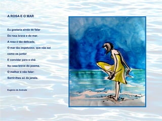 A ROSA E O MAR
Eu gostaria ainda de falar
Da rosa brava e do mar.
A rosa é tão delicada,
O mar tão impetuoso, que não sei
como os juntar
E convidar para o chá
Na casa breve do poema.
O melhor é não falar:
Sorrir-lhes só da janela.
Eugénio de Andrade
 